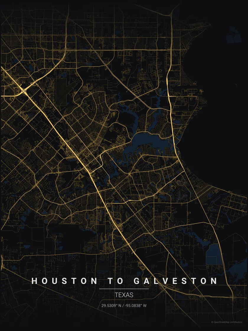 Street map of the Houston to Galveston corridor with the freeway network picked out in gold, Galveston Bay in navy, and Interstate 45 running from Houston in the north west down to the Port of Galveston in the south east, the route Top Tier Chauffeur Services drives for cruise transfers